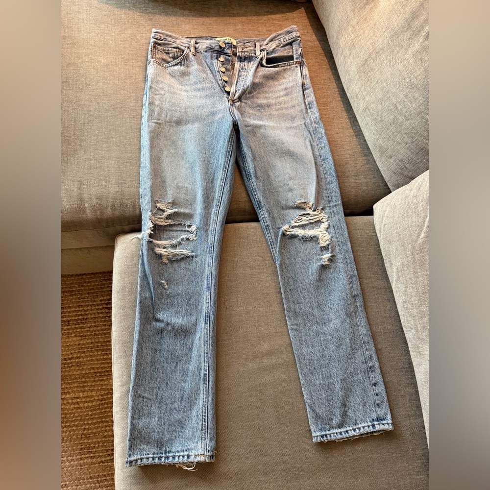 Agolde Riley Crop: Button-Fly Straight Leg Jeans - Light Blue